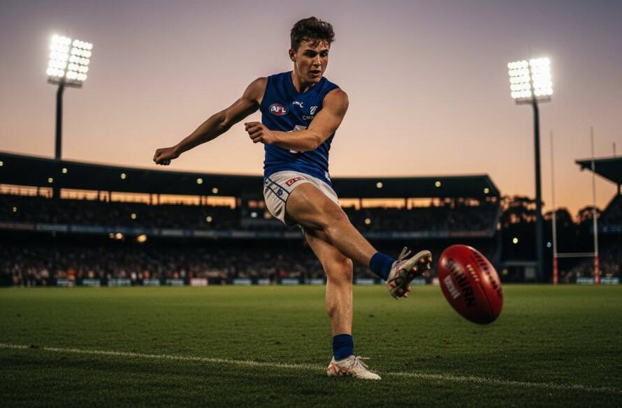 Dynamic Templestowe sports photography for local teams capturing a young Australian Rules Football player in mid-air, kicking a goal under dramatic evening lights at a Templestowe oval, silhouetted against a blurred crowd, showcasing an epic moment of victory and determination.