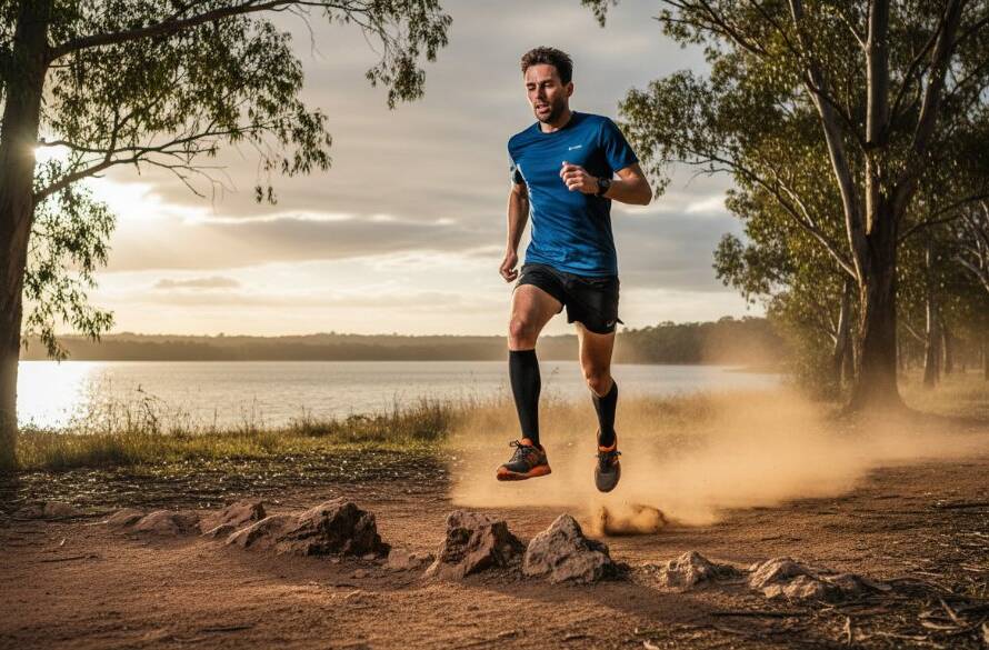 An epic moment of a trail runner mid-stride, captured with dynamic trail running photography Lysterfield Lake, showing intense focus, dust kicked up, dramatic golden hour light filtering through eucalyptus trees, and Lysterfield Lake in the background, professional and colour-graded.