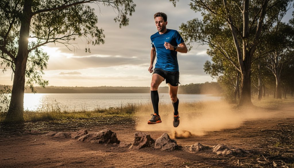 An epic moment of a trail runner mid-stride, captured with dynamic trail running photography Lysterfield Lake, showing intense focus, dust kicked up, dramatic golden hour light filtering through eucalyptus trees, and Lysterfield Lake in the background, professional and colour-graded.