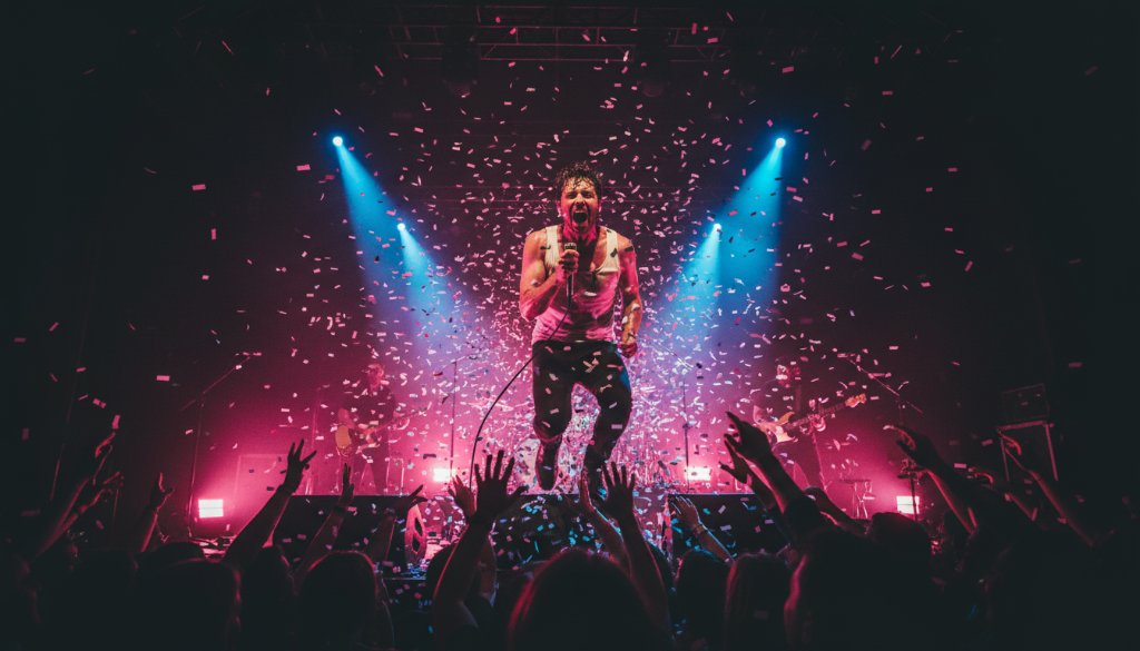 A vibrant, wide-angle photograph capturing the dynamic Traralgon concert photography services in action, showing a lead singer mid-scream under dramatic red and blue stage lights, with blurred audience hands in the foreground, conveying immense energy and an epic musical moment.