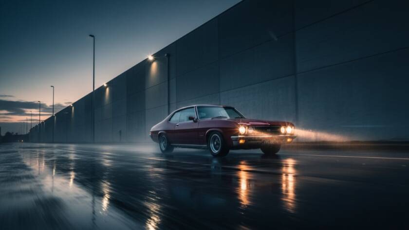 An epic moment captured through dynamic vehicle photography Truganina's industrial backdrop, featuring a classic muscle car in motion against a stark warehouse, with dramatic lighting enhancing its powerful lines.