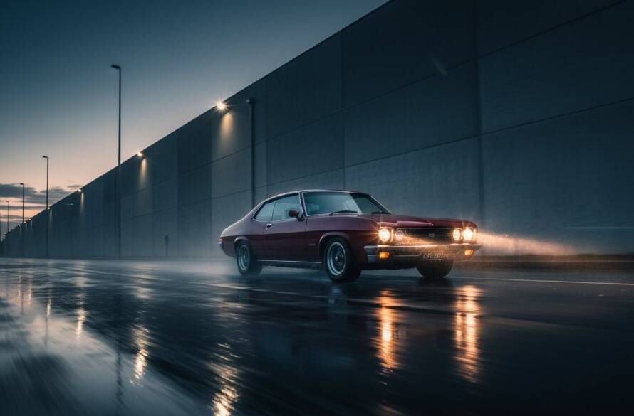 An epic moment captured through dynamic vehicle photography Truganina's industrial backdrop, featuring a classic muscle car in motion against a stark warehouse, with dramatic lighting enhancing its powerful lines.