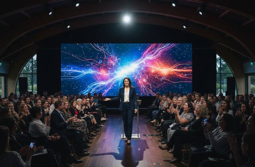 An epic moment of dynamic visual storytelling Forest Hill editorial photography, capturing a passionate entrepreneur presenting a new product launch to an engaged audience in a modern, sunlit Forest Hill event space, professional and vibrant.