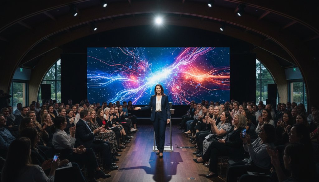 An epic moment of dynamic visual storytelling Forest Hill editorial photography, capturing a passionate entrepreneur presenting a new product launch to an engaged audience in a modern, sunlit Forest Hill event space, professional and vibrant.