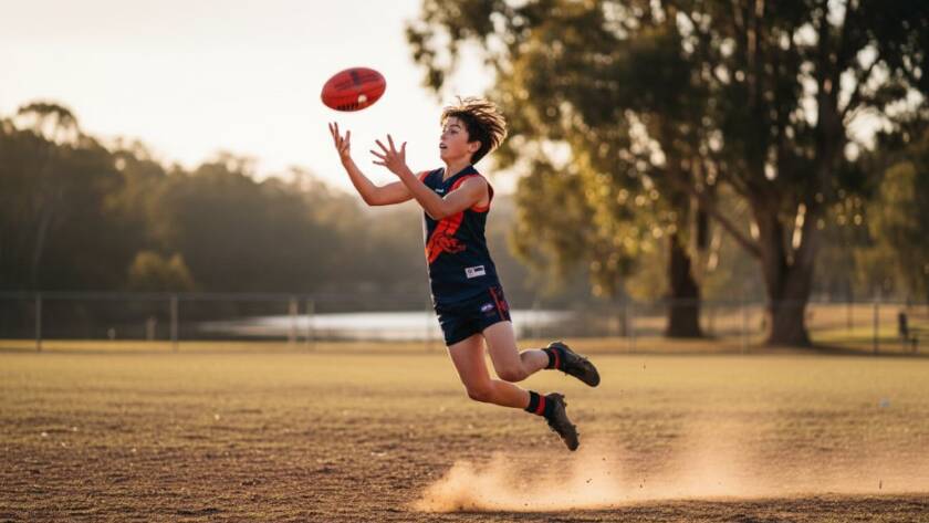A close-up, dramatic shot of a young athlete mid-action during a local football match in Warrandyte, Victoria, sweat flying, capturing the intensity of dynamic Warrandyte junior sports photography with professional lighting and vivid colours.
