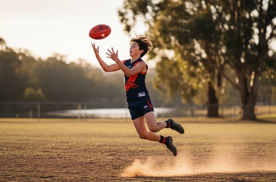 A close-up, dramatic shot of a young athlete mid-action during a local football match in Warrandyte, Victoria, sweat flying, capturing the intensity of dynamic Warrandyte junior sports photography with professional lighting and vivid colours.