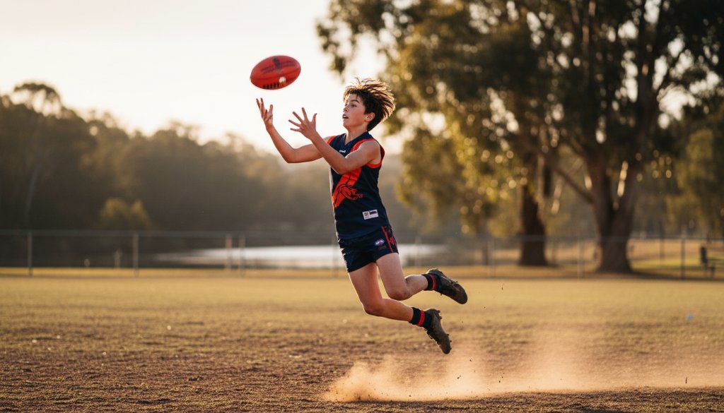 A close-up, dramatic shot of a young athlete mid-action during a local football match in Warrandyte, Victoria, sweat flying, capturing the intensity of dynamic Warrandyte junior sports photography with professional lighting and vivid colours.