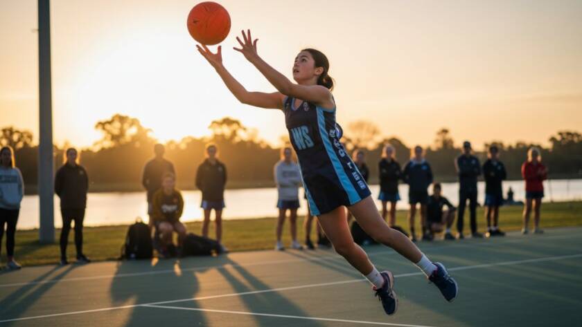 An exhilarating, low-angle shot of a young athlete mid-air, scoring a goal during a dynamic Waterways junior sports photography action game, with blurred spectators in the background, dramatic golden hour lighting highlighting the movement and determination.