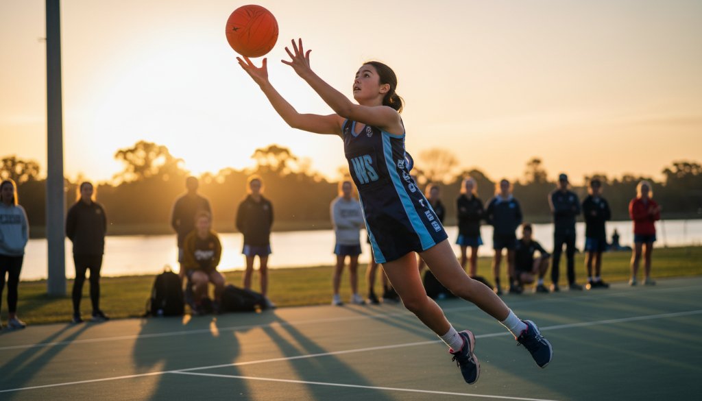 An exhilarating, low-angle shot of a young athlete mid-air, scoring a goal during a dynamic Waterways junior sports photography action game, with blurred spectators in the background, dramatic golden hour lighting highlighting the movement and determination.