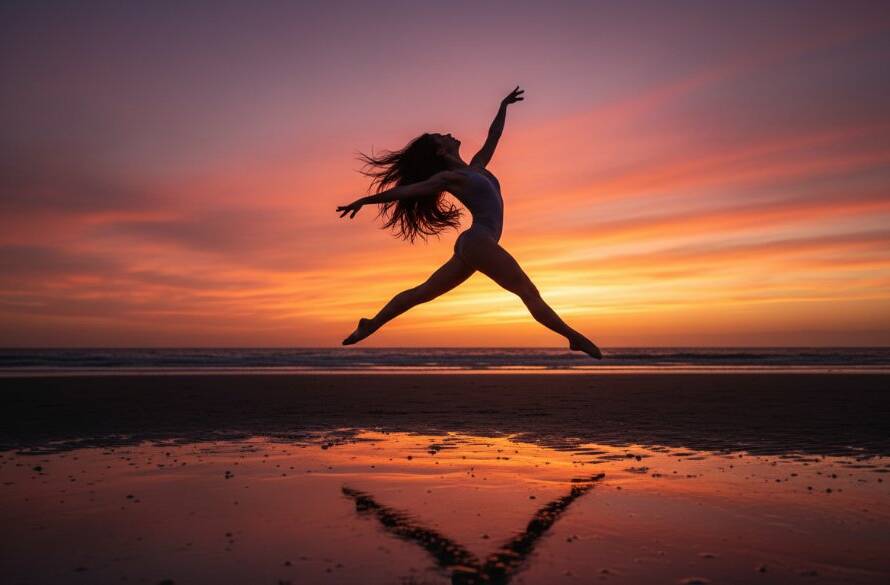 An epic moment captured during a Dynamic Werribee South Dance Photography Beach Sessions, featuring a dancer in mid-air against a dramatic sunset over Port Phillip Bay, showcasing grace and power.