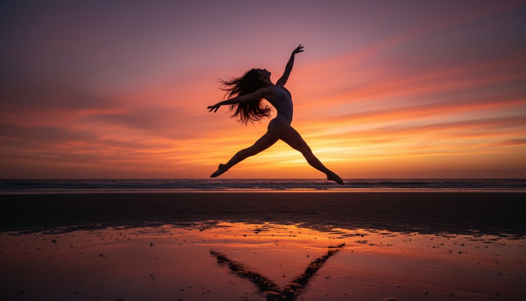 An epic moment captured during a Dynamic Werribee South Dance Photography Beach Sessions, featuring a dancer in mid-air against a dramatic sunset over Port Phillip Bay, showcasing grace and power.