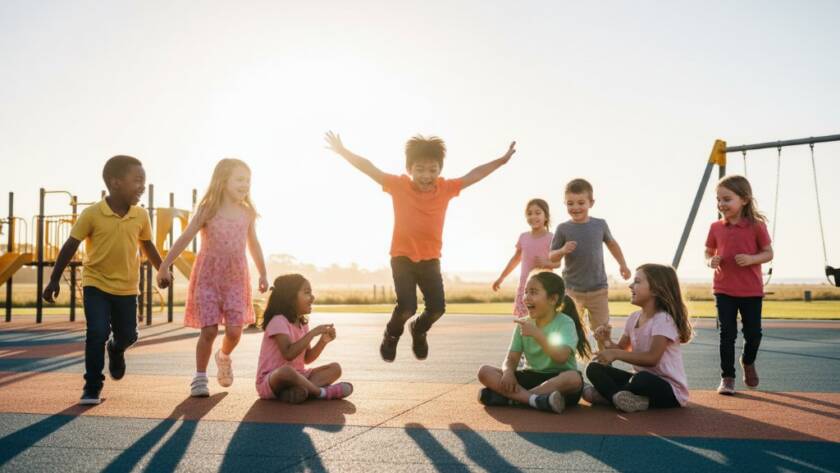 An epic moment of joyful students laughing and interacting during a school event in Werribee South, captured with dynamic Werribee South school photography. Dramatic natural light illuminates their faces against a blurred background, showcasing genuine emotion.
