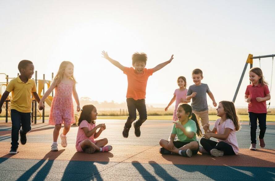 An epic moment of joyful students laughing and interacting during a school event in Werribee South, captured with dynamic Werribee South school photography. Dramatic natural light illuminates their faces against a blurred background, showcasing genuine emotion.