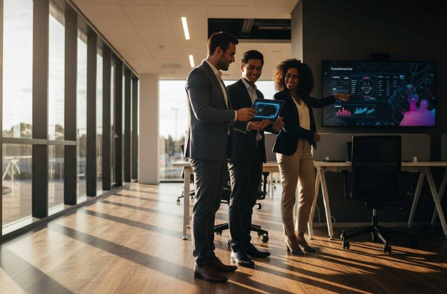 An inspiring wide-angle shot capturing the essence of dynamic Williams Landing advertising photography for brands, featuring a diverse team of professionals collaborating vibrantly in a modern, sunlit office space, showcasing their products with enthusiasm.