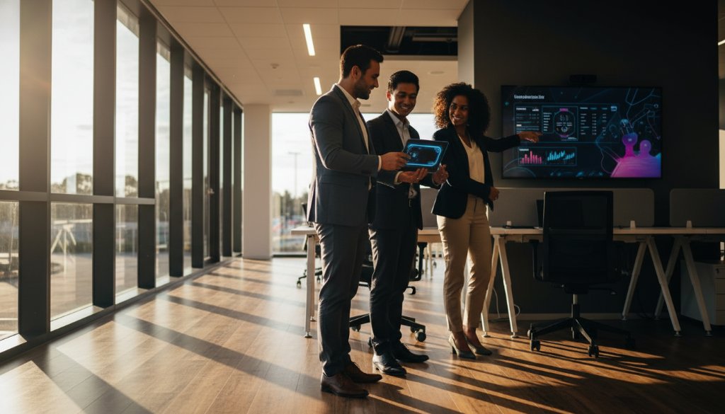 An inspiring wide-angle shot capturing the essence of dynamic Williams Landing advertising photography for brands, featuring a diverse team of professionals collaborating vibrantly in a modern, sunlit office space, showcasing their products with enthusiasm.