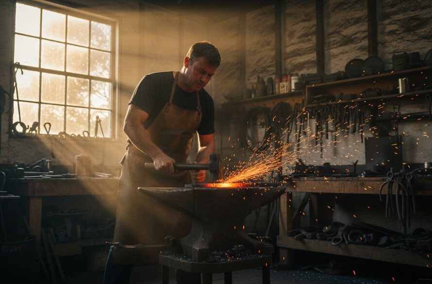 An epic moment of a Woodend potter, hands covered in clay, intently working on a spinning wheel in a sunlit studio, showcasing dynamic Woodend editorial photography capturing local artisan stories Victoria.