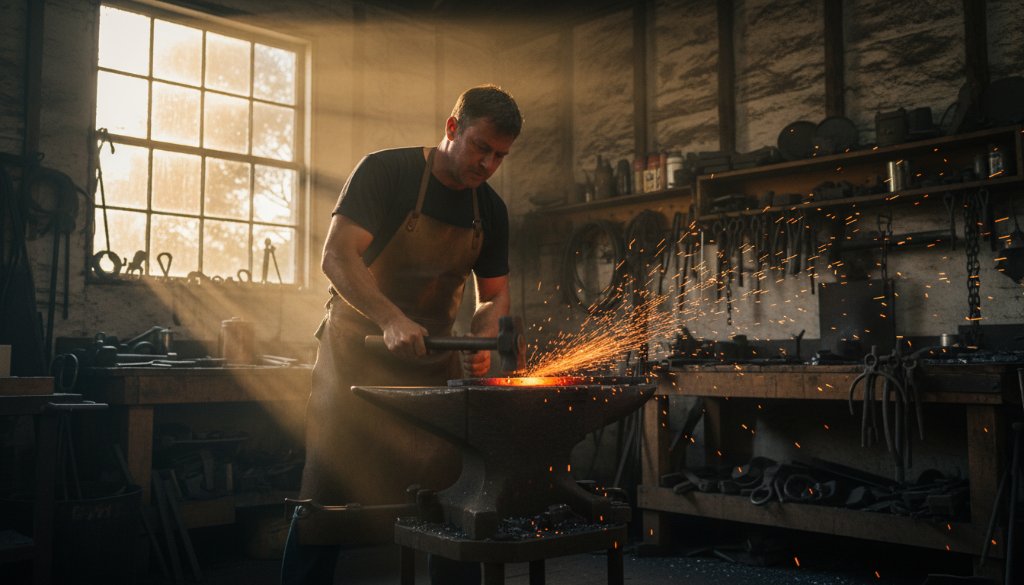 An epic moment of a Woodend potter, hands covered in clay, intently working on a spinning wheel in a sunlit studio, showcasing dynamic Woodend editorial photography capturing local artisan stories Victoria.