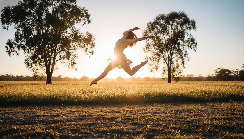 An epic moment of dynamic youth dance photography in Melton West, featuring a young dancer mid-leap against a dramatic, sunset-lit backdrop near the Western Freeway, showcasing incredible athleticism and grace.