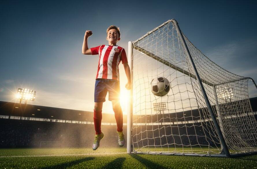 A victorious young athlete celebrates after scoring a goal during dynamic youth sports photography Altona North Victoria, with dramatic lighting highlighting their elated expression and the cheering crowd in the blurry background.