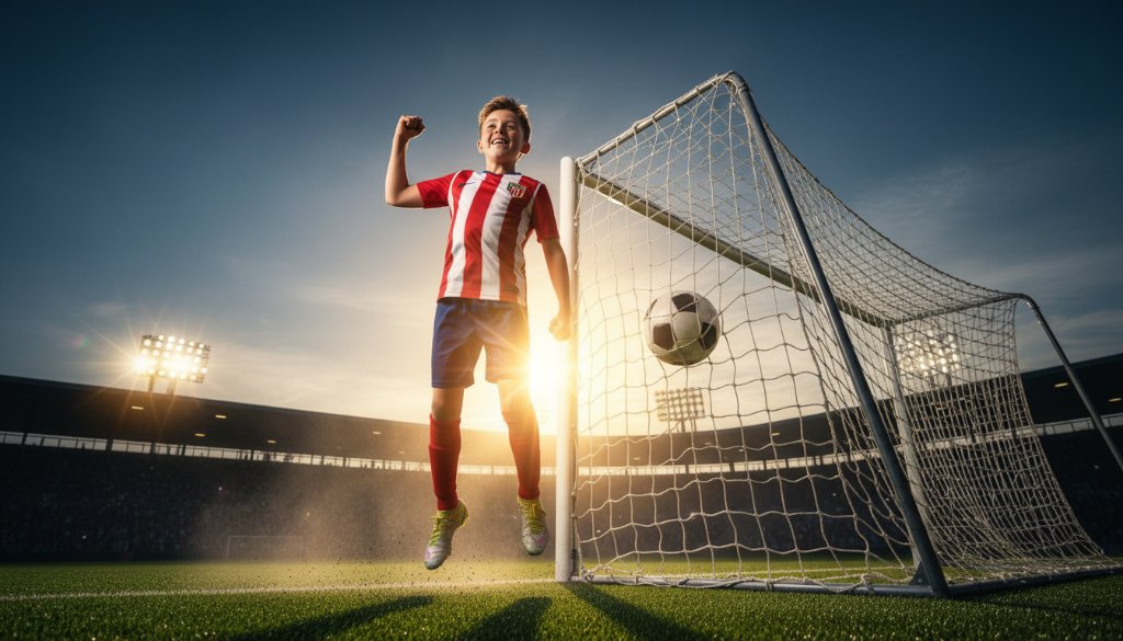 A victorious young athlete celebrates after scoring a goal during dynamic youth sports photography Altona North Victoria, with dramatic lighting highlighting their elated expression and the cheering crowd in the blurry background.