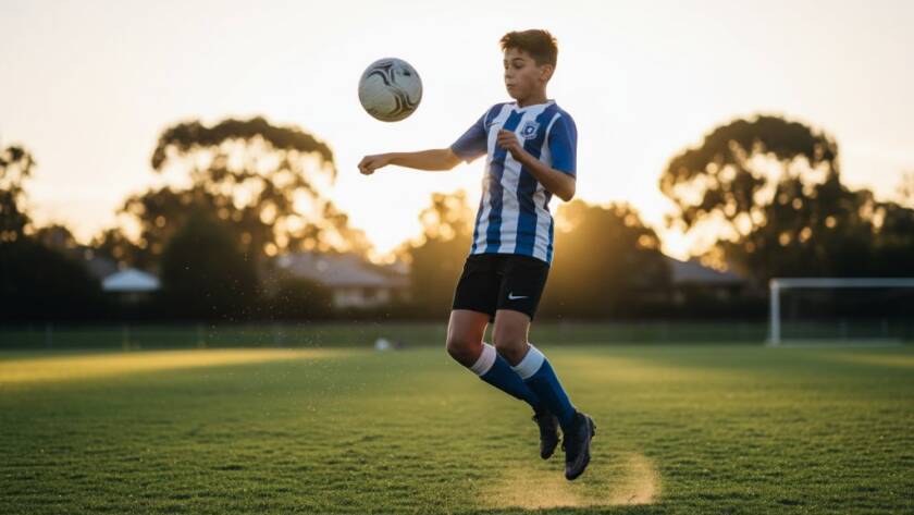 Dynamic youth sports photography Bayswater North Victoria capturing a young athlete leaping for a winning shot during a soccer game, dramatic golden hour lighting, blurred background, intense focus.