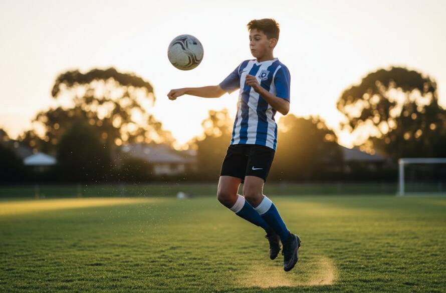 Dynamic youth sports photography Bayswater North Victoria capturing a young athlete leaping for a winning shot during a soccer game, dramatic golden hour lighting, blurred background, intense focus.