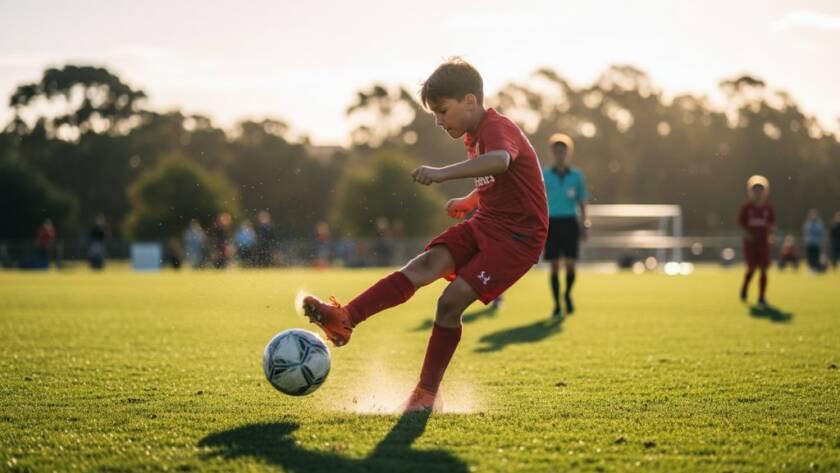 An exhilarating close-up of a young soccer player in Brookfield, Victoria, mid-kick, capturing the dynamic youth sports photography energy under dramatic sunset lighting on the field, sweat flying.