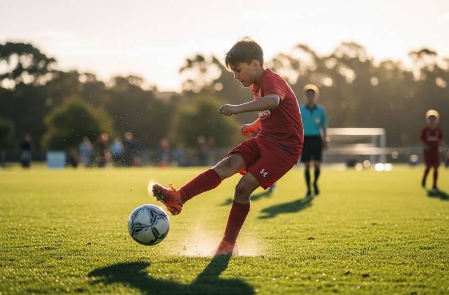 An exhilarating close-up of a young soccer player in Brookfield, Victoria, mid-kick, capturing the dynamic youth sports photography energy under dramatic sunset lighting on the field, sweat flying.