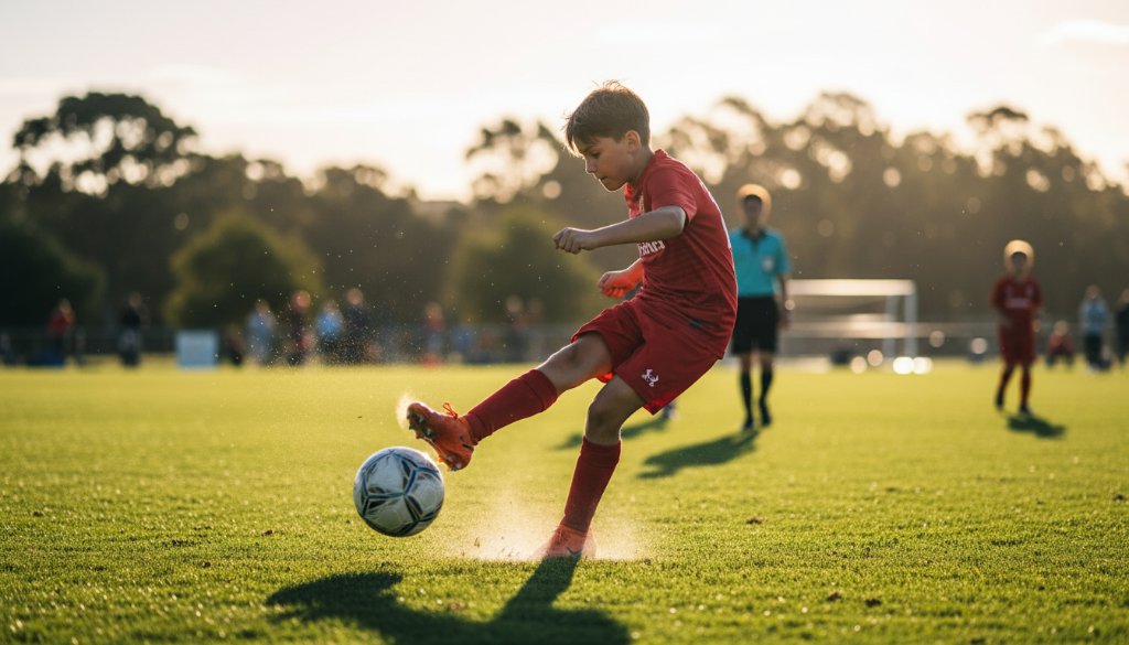 An exhilarating close-up of a young soccer player in Brookfield, Victoria, mid-kick, capturing the dynamic youth sports photography energy under dramatic sunset lighting on the field, sweat flying.