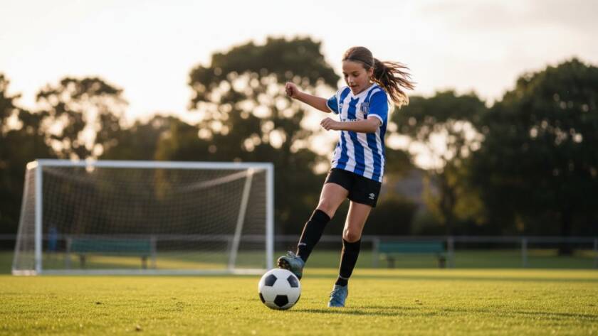 A powerful, low-angle shot of a young athlete mid-air, scoring a goal during a soccer match in Bulleen, dramatically lit at sunset, exemplifying dynamic youth sports photography Bulleen.