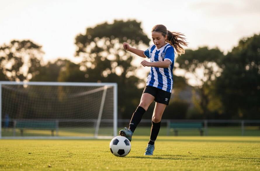 A powerful, low-angle shot of a young athlete mid-air, scoring a goal during a soccer match in Bulleen, dramatically lit at sunset, exemplifying dynamic youth sports photography Bulleen.