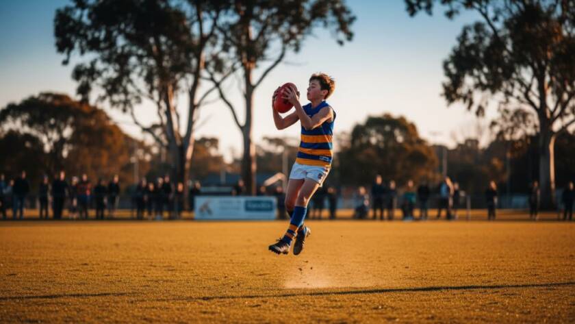A thrilling, action-packed wide shot of a junior soccer player scoring a goal in a local park in Croydon Hills, captured with dynamic youth sports photography Croydon Hills expertise. The ball is mid-air, teammates are cheering, and the golden hour sun casts dramatic shadows, highlighting the peak of the action with stunning clarity and vibrant colour.