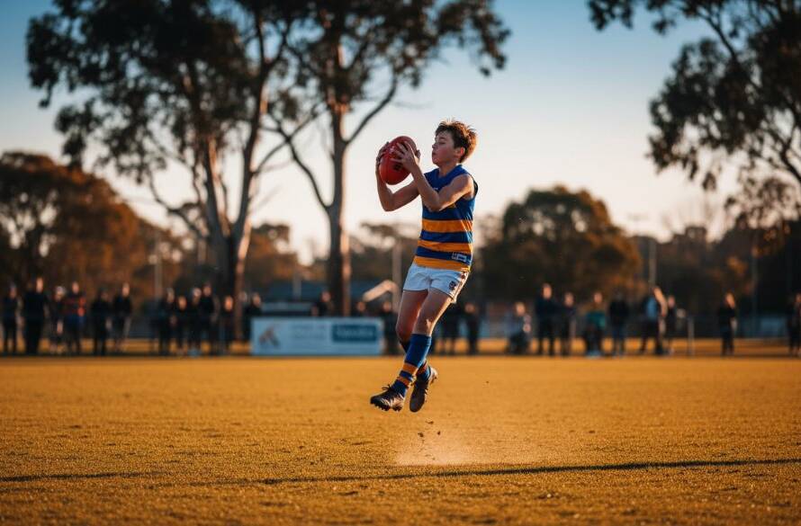 A thrilling, action-packed wide shot of a junior soccer player scoring a goal in a local park in Croydon Hills, captured with dynamic youth sports photography Croydon Hills expertise. The ball is mid-air, teammates are cheering, and the golden hour sun casts dramatic shadows, highlighting the peak of the action with stunning clarity and vibrant colour.