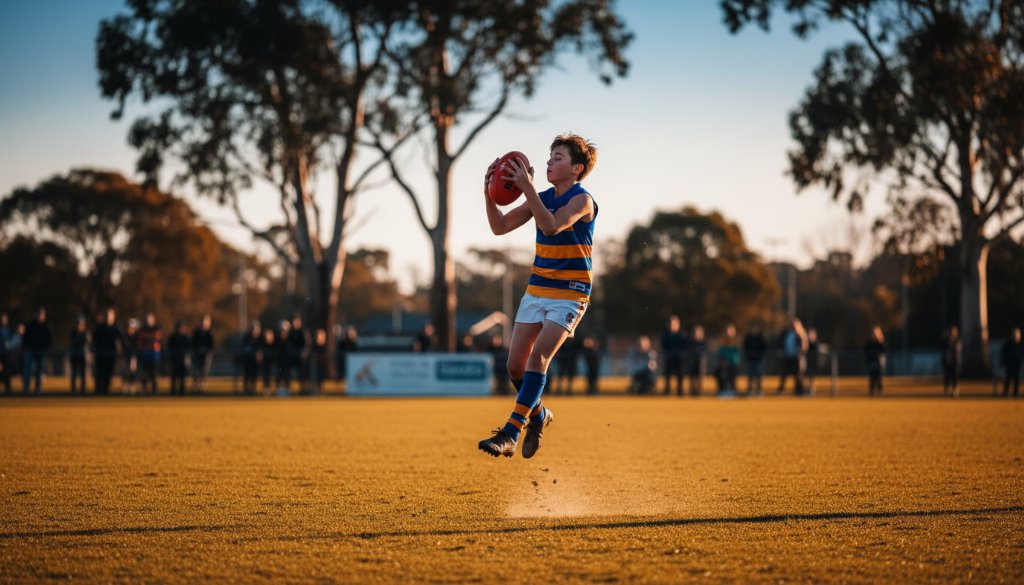 A thrilling, action-packed wide shot of a junior soccer player scoring a goal in a local park in Croydon Hills, captured with dynamic youth sports photography Croydon Hills expertise. The ball is mid-air, teammates are cheering, and the golden hour sun casts dramatic shadows, highlighting the peak of the action with stunning clarity and vibrant colour.