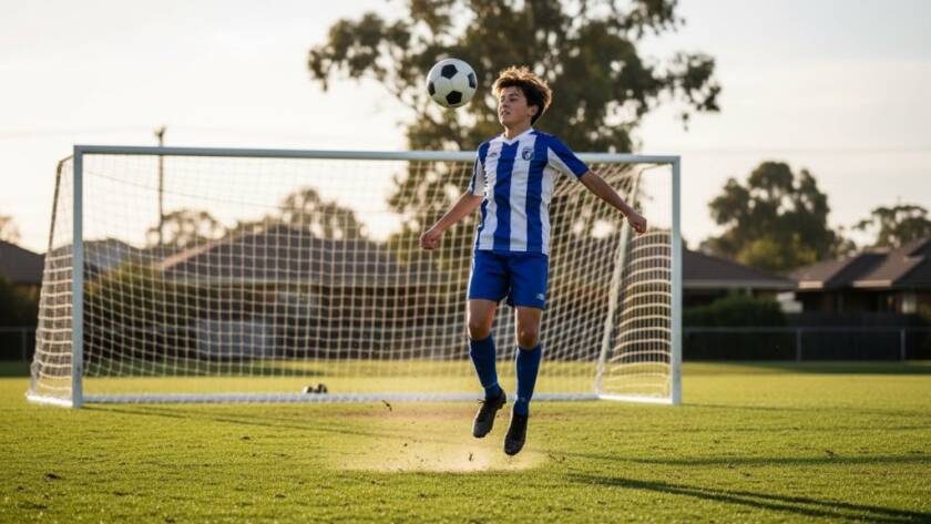 A dramatic, low-angle shot of a young soccer player in Knoxfield, mid-air, scoring a goal with intense focus, showcasing dynamic youth sports photography Knoxfield Victoria.