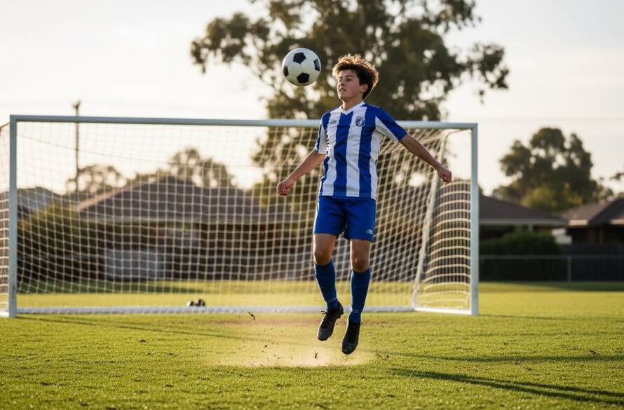 A dramatic, low-angle shot of a young soccer player in Knoxfield, mid-air, scoring a goal with intense focus, showcasing dynamic youth sports photography Knoxfield Victoria.
