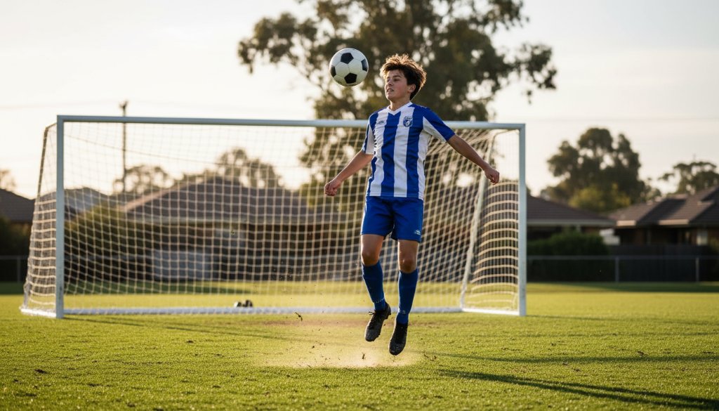 A dramatic, low-angle shot of a young soccer player in Knoxfield, mid-air, scoring a goal with intense focus, showcasing dynamic youth sports photography Knoxfield Victoria.