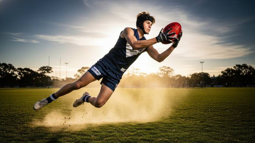 Dynamic youth sports photography Oakleigh Victoria capturing a young athlete leaping for a goal during a soccer match at Warrawee Park, with dramatic golden hour lighting highlighting their determined expression and the blurred action around them.