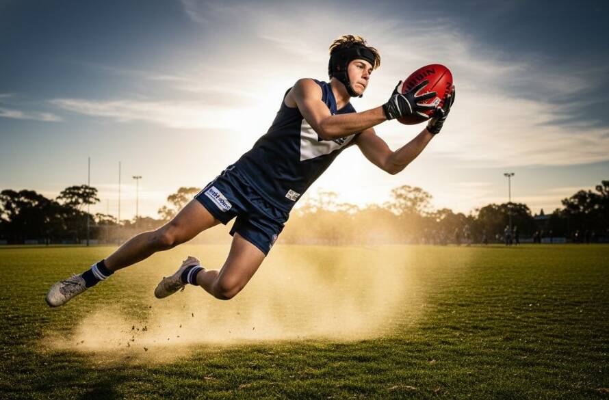 Dynamic youth sports photography Oakleigh Victoria capturing a young athlete leaping for a goal during a soccer match at Warrawee Park, with dramatic golden hour lighting highlighting their determined expression and the blurred action around them.