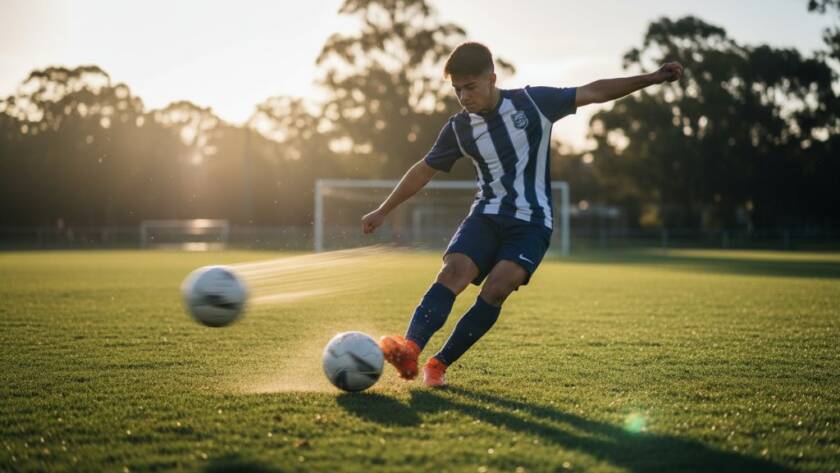 An epic moment in dynamic youth sports photography Springvale Victoria, showing a young athlete mid-action, dramatically lit on a sports field at sunset, capturing intense focus and athletic prowess.