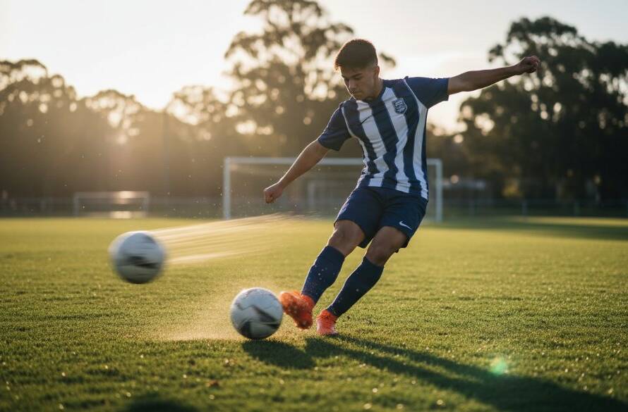 An epic moment in dynamic youth sports photography Springvale Victoria, showing a young athlete mid-action, dramatically lit on a sports field at sunset, capturing intense focus and athletic prowess.