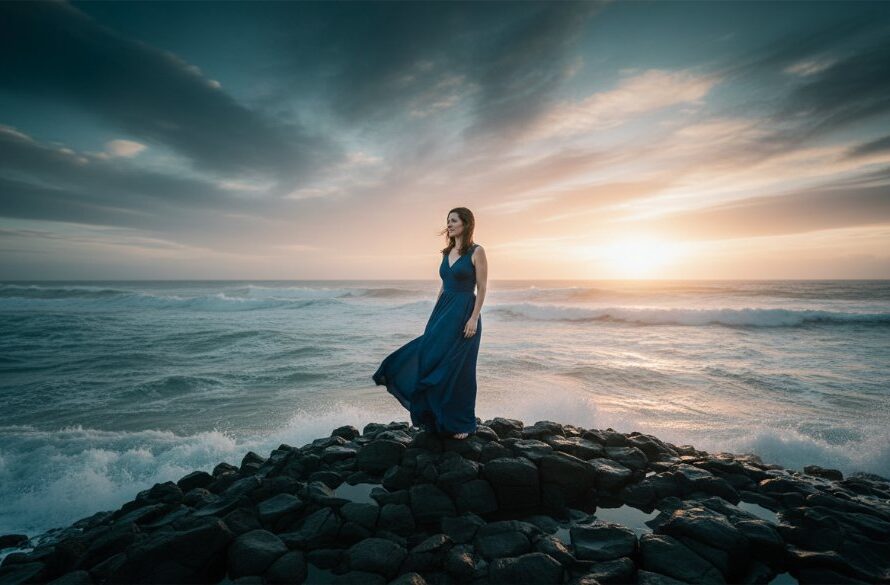 An ethereal, cinematic fine art portrait capturing an individual amidst the dramatic coastal landscape of East Geelong, embodying unique East Geelong artistic photography experiences.