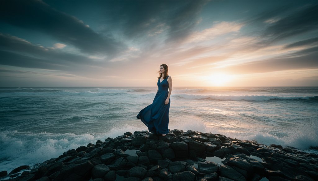 An ethereal, cinematic fine art portrait capturing an individual amidst the dramatic coastal landscape of East Geelong, embodying unique East Geelong artistic photography experiences.