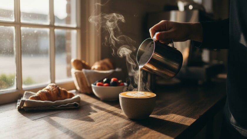 A dramatic, close-up shot of a perfectly plated brunch dish, possibly an artisan avocado smash or vibrant acai bowl, bathed in natural light streaming through a classic East Geelong cafe window. The East Geelong cafe food photography capturing local flavour highlights the texture and freshness of ingredients, with soft bokeh in the background suggesting a bustling yet intimate atmosphere, professionally colour-graded for a mouth-watering appeal.