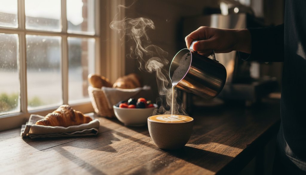 A dramatic, close-up shot of a perfectly plated brunch dish, possibly an artisan avocado smash or vibrant acai bowl, bathed in natural light streaming through a classic East Geelong cafe window. The East Geelong cafe food photography capturing local flavour highlights the texture and freshness of ingredients, with soft bokeh in the background suggesting a bustling yet intimate atmosphere, professionally colour-graded for a mouth-watering appeal.