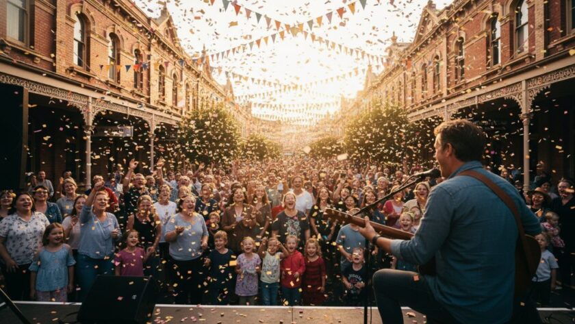 A wide-angle, low-angle shot of an 'epic moment' at a lively East Geelong community event, featuring a diverse crowd cheering, vibrant decorations, and a stage performer under dramatic spotlight, captured by East Geelong community event photography specialists with professional colour grading.