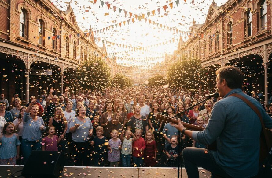 A wide-angle, low-angle shot of an 'epic moment' at a lively East Geelong community event, featuring a diverse crowd cheering, vibrant decorations, and a stage performer under dramatic spotlight, captured by East Geelong community event photography specialists with professional colour grading.
