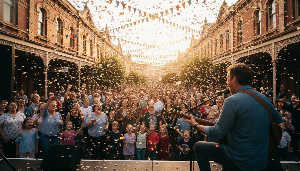 A wide-angle, low-angle shot of an 'epic moment' at a lively East Geelong community event, featuring a diverse crowd cheering, vibrant decorations, and a stage performer under dramatic spotlight, captured by East Geelong community event photography specialists with professional colour grading.