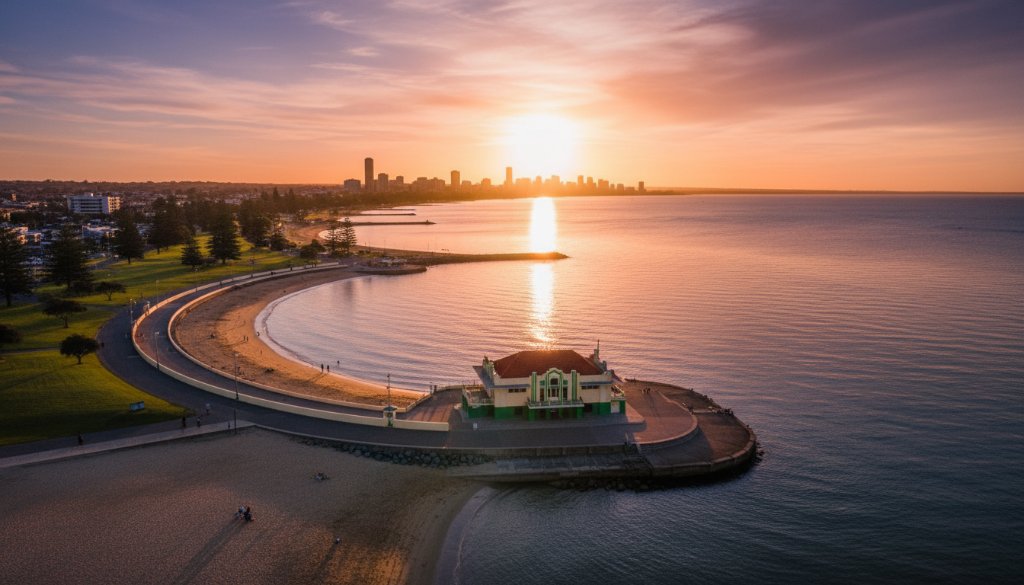 A breathtaking aerial shot of the Eastern Beach promenade and waterfront in East Geelong, captured by drone photography, showcasing golden hour light illuminating the iconic art deco bathing pavilion and vibrant foreshore activity, a truly stunning local vista.