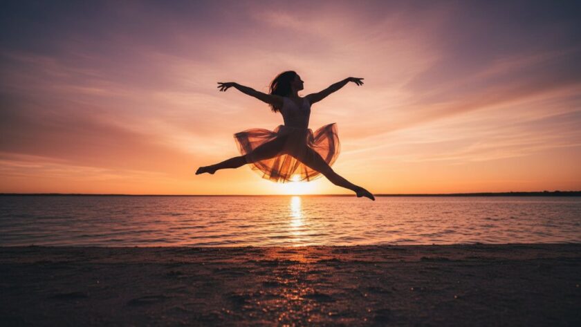 A breathtaking East Geelong dynamic dance photography capture of a contemporary dancer mid-air against a soft, sunlit urban backdrop, showcasing power and grace with dramatic lighting and professional colour grading.